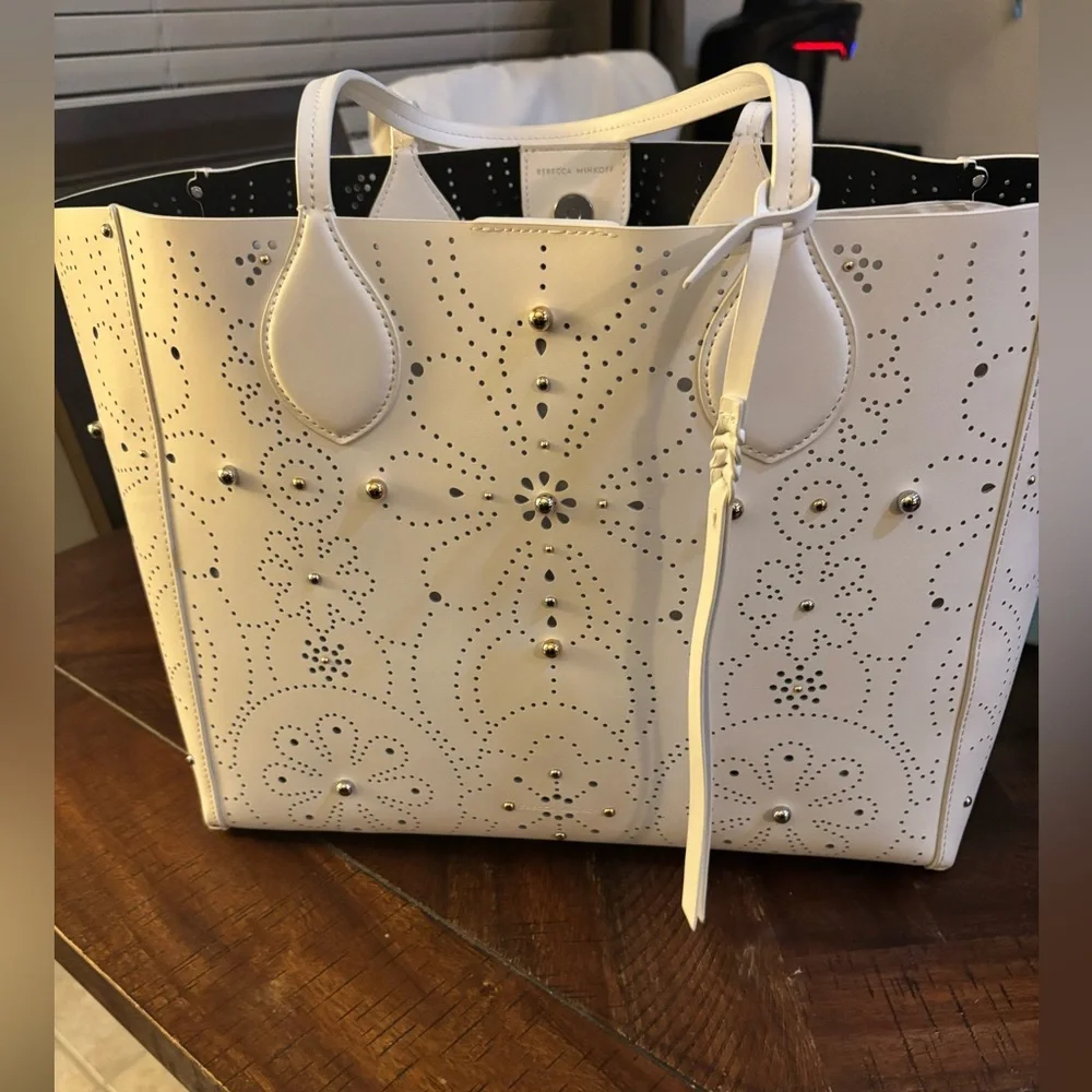 Rebecca Minkoff White Perforated studded Tote Bag NWT